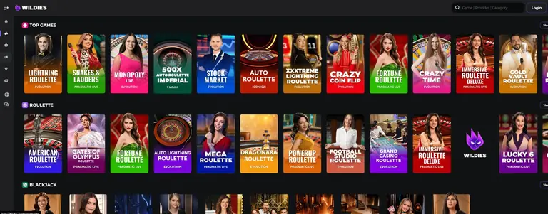 Wildies live casino screenshot